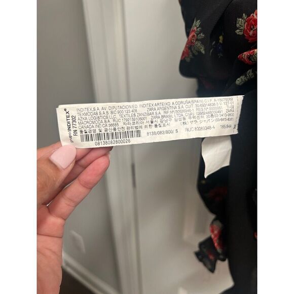 Zara Black Floral Ruched Mini Dress with Sleeves size S - Picture 6 of 6